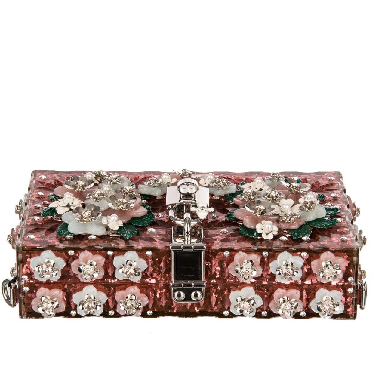 Women's D&G Glitter Plexiglass Clutch Bag DOLCE BOX with Flowers and Crystals Pink For Sale