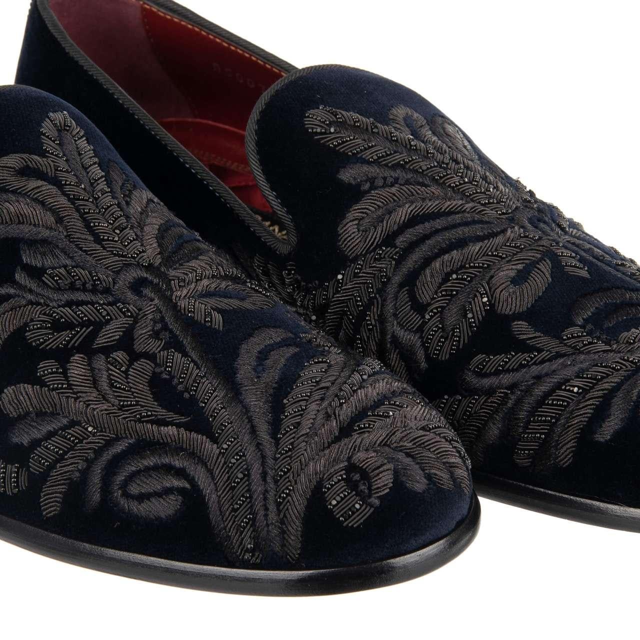 - Velvet loafer shoes MILANO with goldwork floral pattern hand made embroidery in black and blue by DOLCE & GABBANA - MADE IN ITALY - New with Box - Model: A50073-AE850-80652 - Material: 100% Cotton - Sole: Leather - Color: Black / Blue - Pearl and