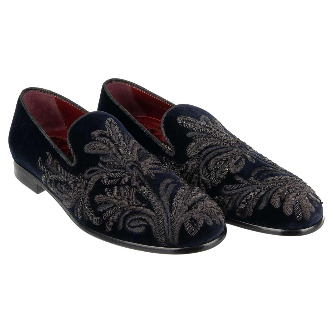 D&G Goldwork Embroidered Baroque Velvet Loafer MILANO Blue Black 43 UK 9 US 10 For Sale