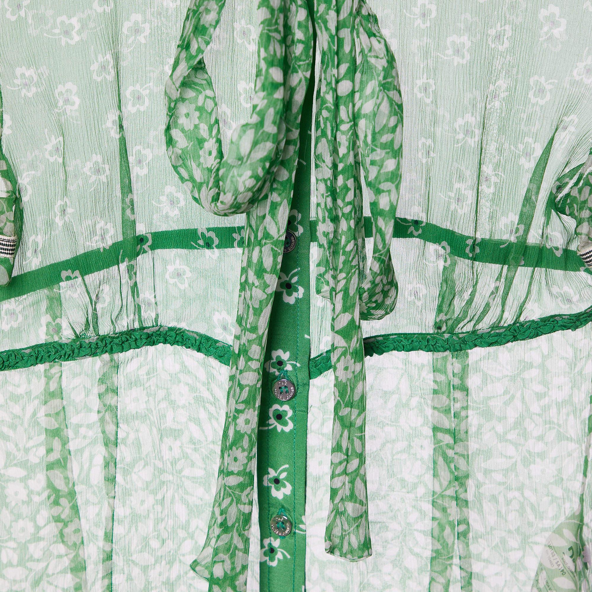 Gray D&G Green Floral Printed Silk Neck Tie Detail Top M For Sale