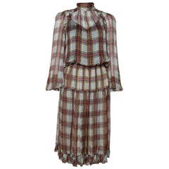 D&G Grey Plaid Print Silk Ruffled Midi Dress M