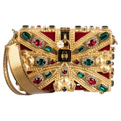 D&G Hand Painted Wood Clutch Bag Union Jack with Crystals Gold Burgundy