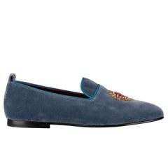 D&G Heart Logo Embroidered Velvet Loafer YOUNG POPE Azure Blue EUR 40