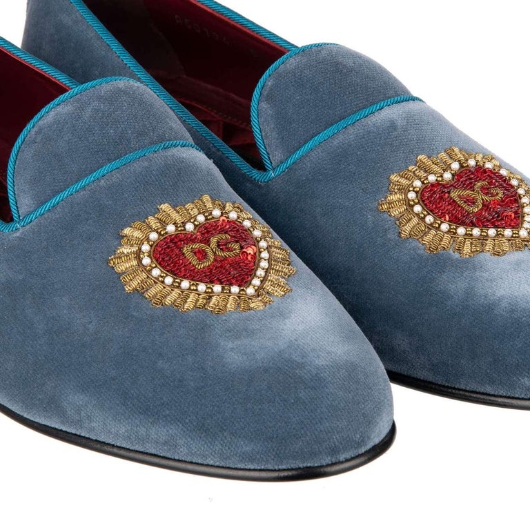 D&G Heart Logo Embroidered Velvet Loafer YOUNG POPE Azure Blue EUR 40
