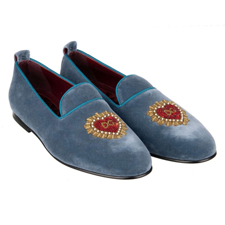 D&G Heart Logo Embroidered Velvet Loafer YOUNG POPE Azure Blue EUR 40