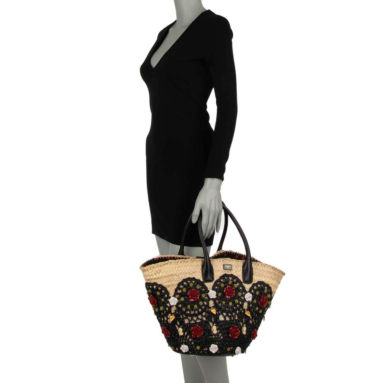 - Large Sicily style jeweled straw basket tote bag / beach bag KENDRA with double handles, logo plate, embellished with roses, brooches and heart pendants by DOLCE & GABBANA - New with Tag, Dustbag, Authenticity Card - Former RRP: EUR 3.750 - MADE