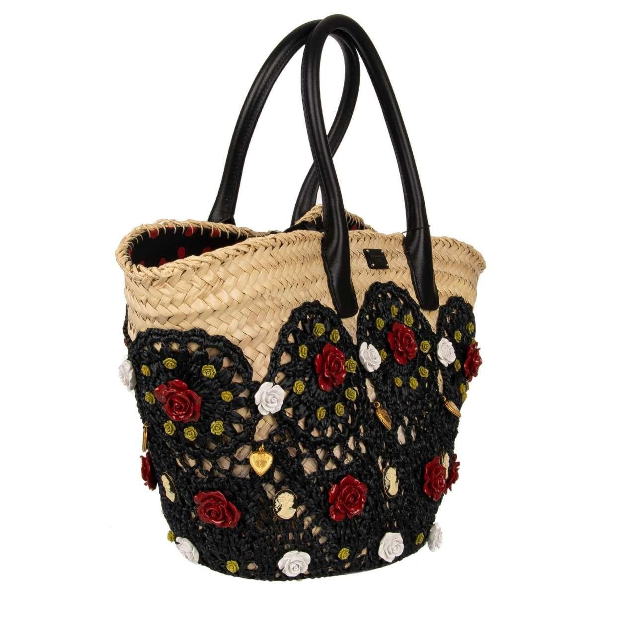 D&G Large Jeweled Straw Basket Beach Bag KENDRA with Roses Black Beige In Excellent Condition For Sale In Erkrath, DE