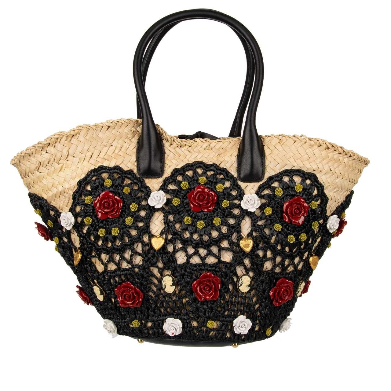 Women's D&G Large Jeweled Straw Basket Beach Bag KENDRA with Roses Black Beige For Sale