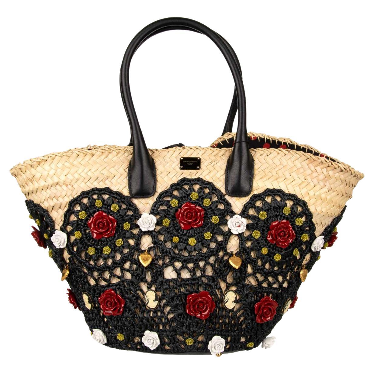 D&G Large Jeweled Straw Basket Beach Bag KENDRA with Roses Black Beige For Sale