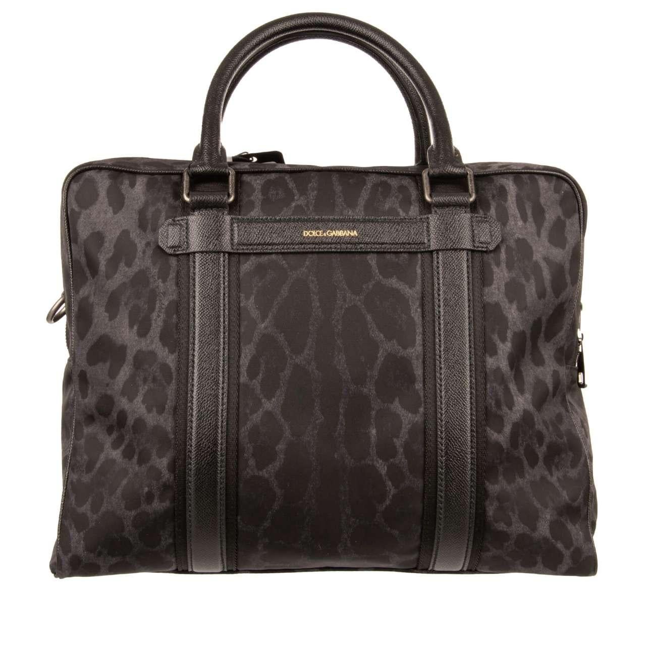 D&G Leopard Printed Nylon Briefcase Bag with Logo and Pockets Black Gray In Excellent Condition For Sale In Erkrath, DE