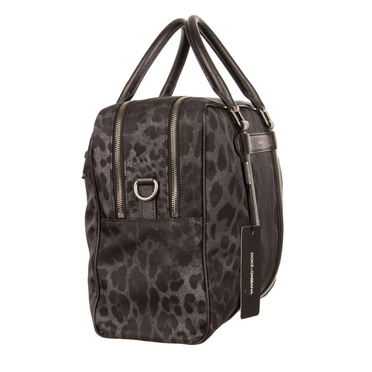 Men's D&G Leopard Printed Nylon Briefcase Bag with Logo and Pockets Black Gray For Sale