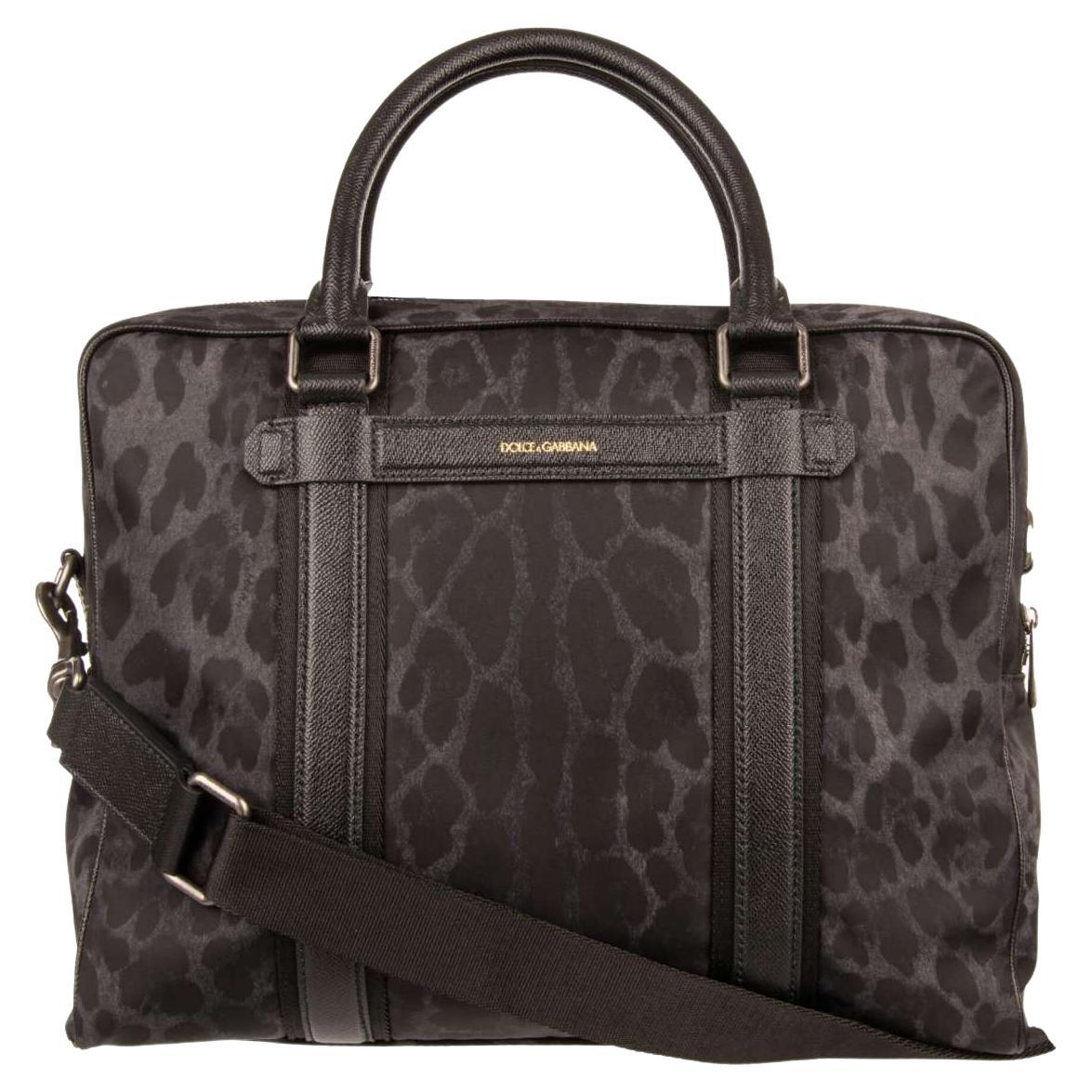 D&G Leopard Printed Nylon Briefcase Bag with Logo and Pockets Black Gray For Sale