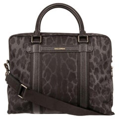 D&G Leopard Printed Nylon Briefcase Bag with Logo and Pockets Black Gray