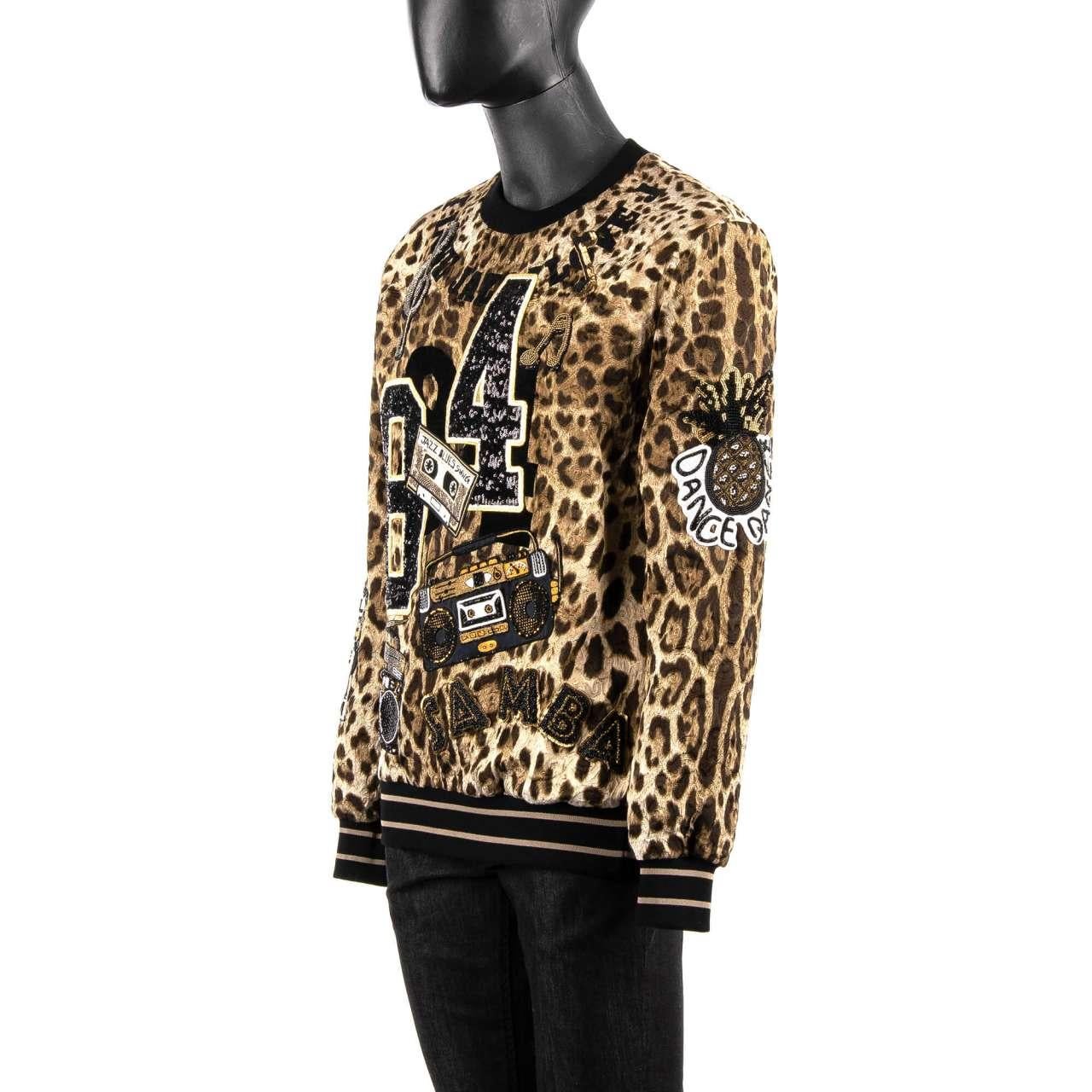D&G Leopard Printed Sweater with Jazz Samba Music Embroidery Black Brown 46 In Excellent Condition For Sale In Erkrath, DE