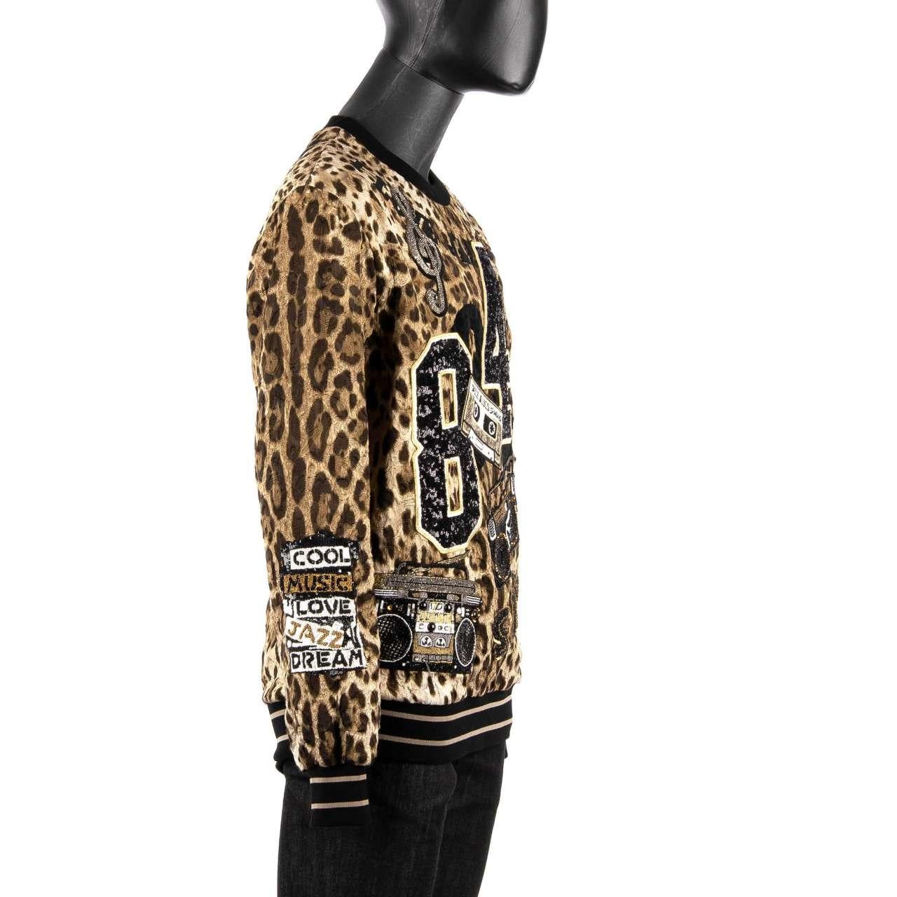 Men's D&G Leopard Printed Sweater with Jazz Samba Music Embroidery Black Brown 46 For Sale