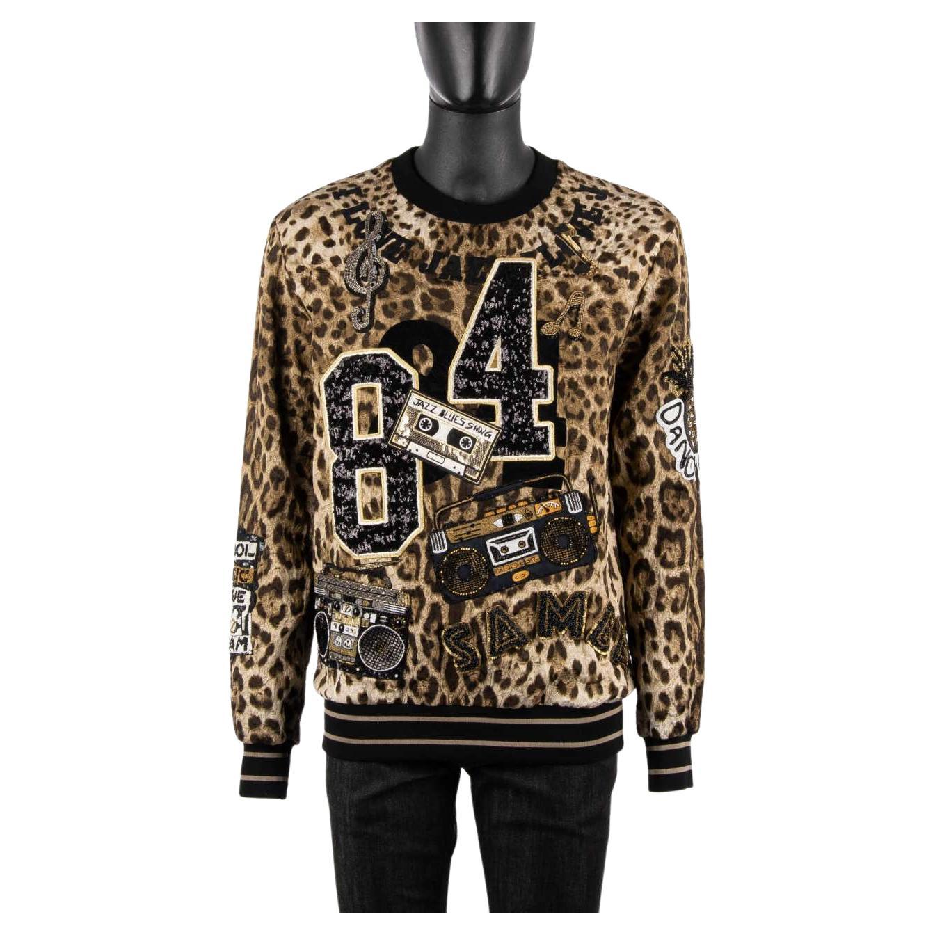 D&G Leopard Printed Sweater with Jazz Samba Music Embroidery Black Brown 46 For Sale