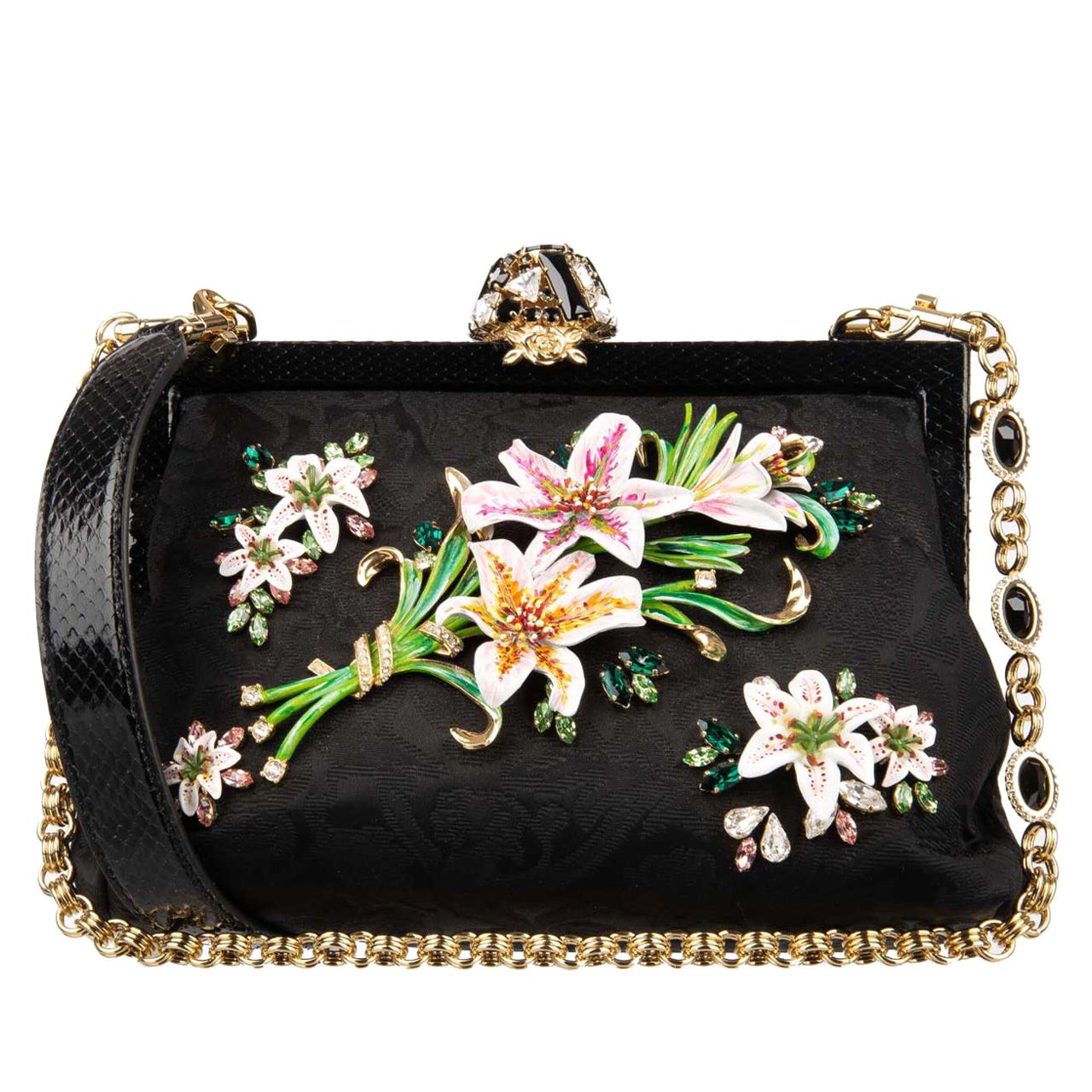 D&G - Lily Brocade Crystal Chain Snakeskin Evening Clutch Bag VANDA Black For Sale