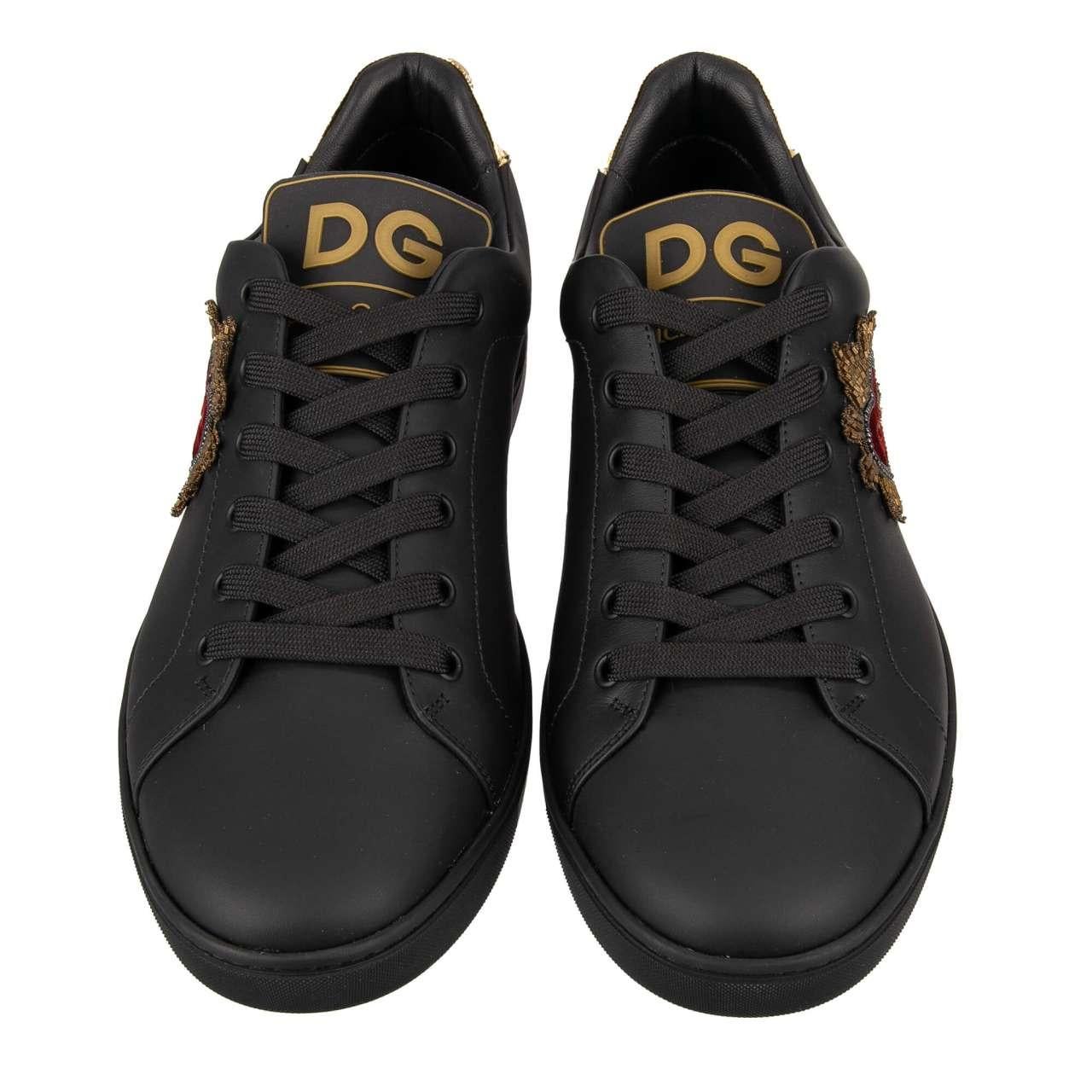 D&G - Low-Top Sneaker LONDON with Logo Heart Embroidery Black Gold EUR 41.5 In Excellent Condition For Sale In Erkrath, DE