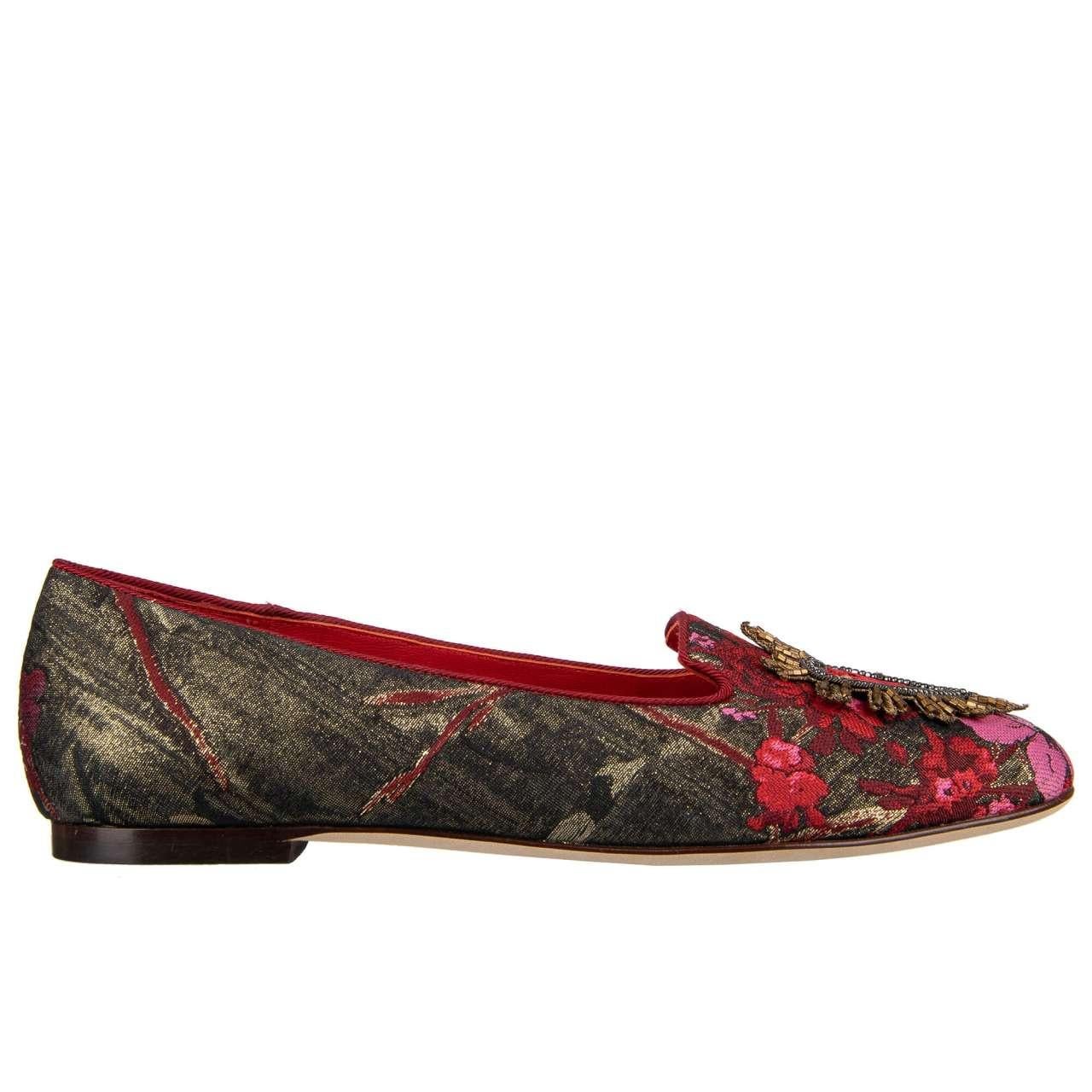 - Pointed Lurex Jacquard Ballet Flats AUDREY in gold-red with Sacred Heart and Logo embroidery by DOLCE & GABBANA - New with Box - MADE IN ITALY - Former RRP: EUR 649 - Embroidered Sacred Heart and Logo - Model: CP0051-B9L36-HGM62 - Material: Lurex,