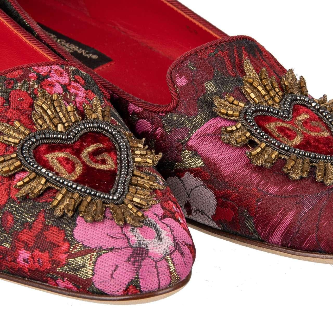 Women's D&G Lurex Sacred Heart Embroidered Ballet Flats AUDREY Gold Red EUR 35 For Sale