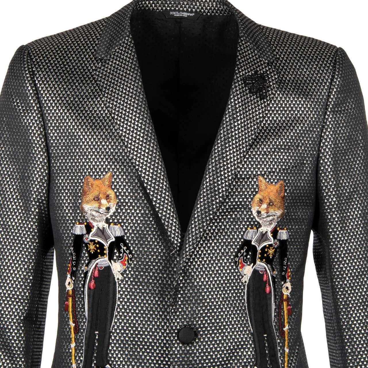 - Textured shiny lurex jacket / blazer MARTINI in silver and black with embroidered Uniform Foxes and Crystals Bee by DOLCE & GABBANA - RUNWAY - Dolce&Gabbana Fashion Show - Former RRP: EUR 2.750 - Made In Italy - New with Tag - Slim Fit - Model: