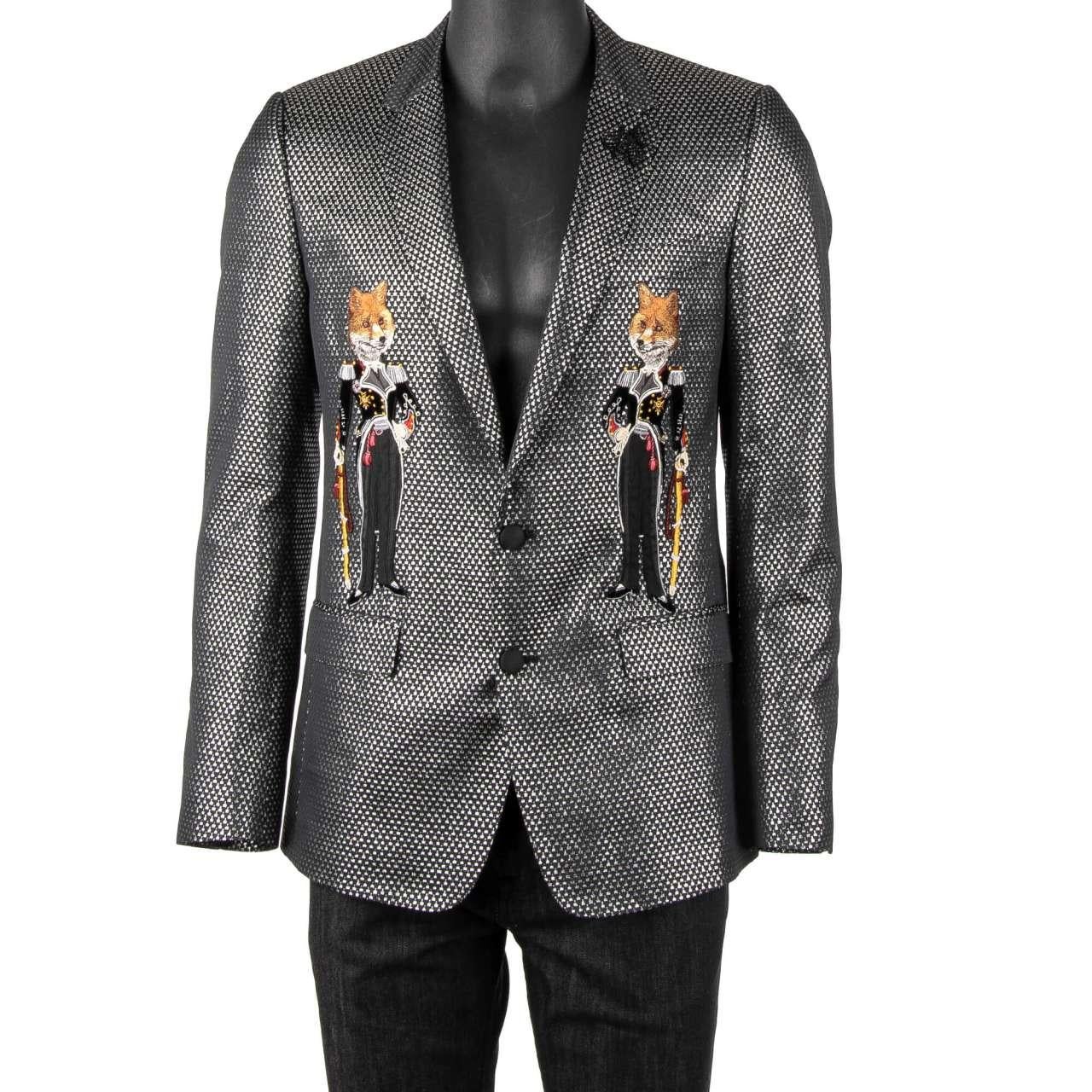 D&G Lurex Tuxedo Blazer MARTINI with Foxes and Bee Embroidery Silver 44 In Excellent Condition For Sale In Erkrath, DE