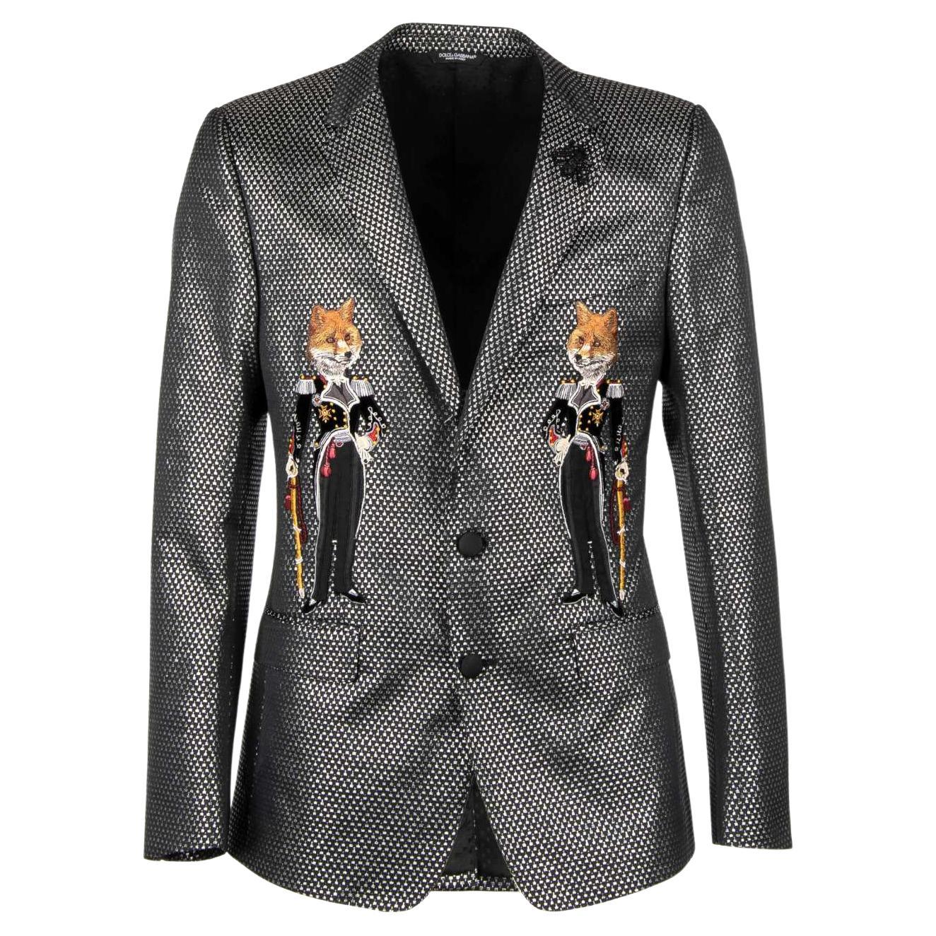 D&G Lurex Tuxedo Blazer MARTINI with Foxes and Bee Embroidery Silver 44 For Sale