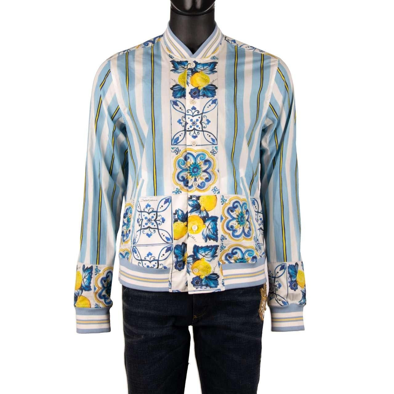 - Cotton jacket style shirt with Majolica and striped Print in blue, yellow and white and by DOLCE & GABBANA - New with tag - Former RRP: EUR 789 - MADE IN ITALY - Regular F- Model: G5FG7T-HP5OJ-HCH1G - Material: 100% Cotton - Color: Blue / Yellow /