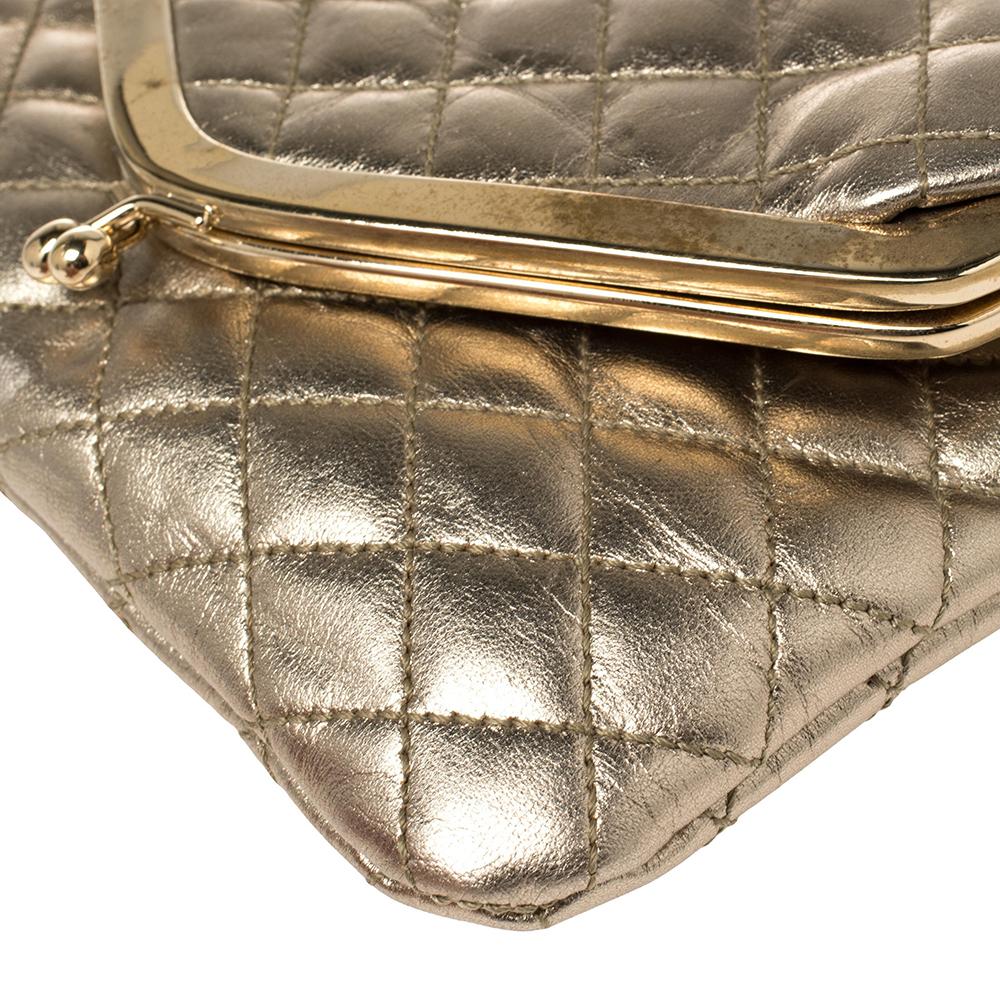 Women's D&G Metallic Gold Quilted Leather Kisslock Foldover Chain Clutch