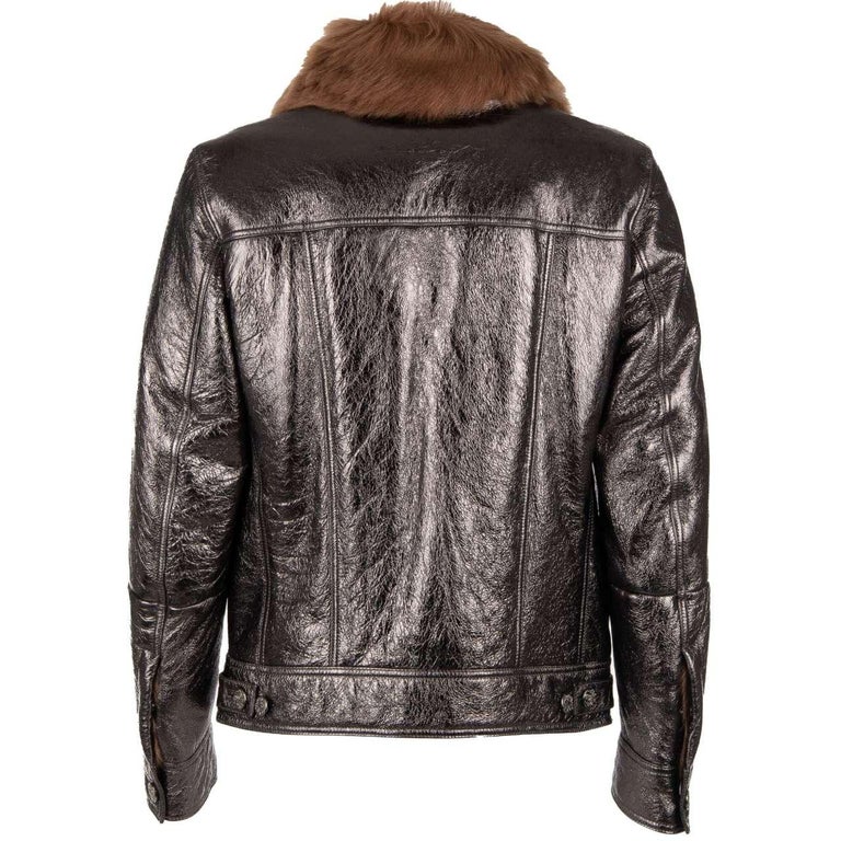 D&G Metallic Nappa Leather Jacket with Fur Lining and Pockets Silver 54 For  Sale at 1stDibs