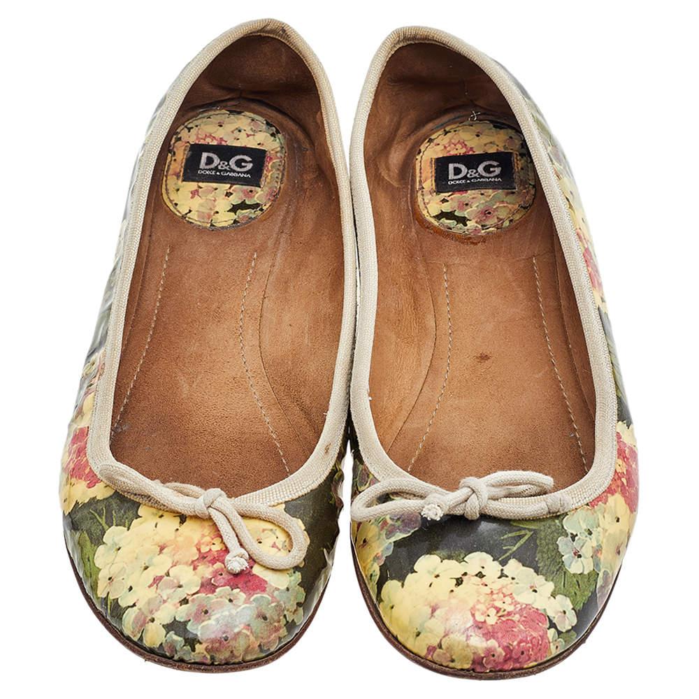 Brown D&G Multicolor Floral Print Patent Leather Bow Ballet Flats Size 39
