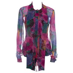 D&G Multicolor Printed Silk Bow Neck Tie Detail Long Sleeve Blouse M