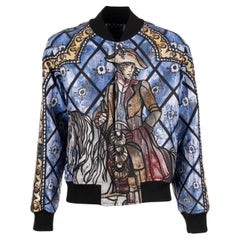 D&G Napoleon Printed Lurex Bomber Jacket with Knitted Details Blue 48 M