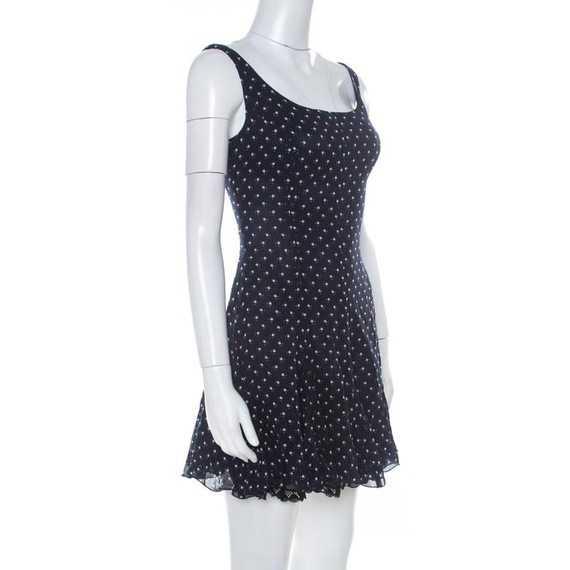 Black D&G Navy Blue and White Printed Crepe Sleeveless Skater Dress S