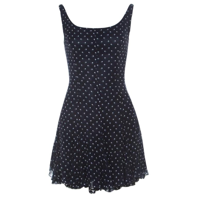 D&G Navy Blue and White Printed Crepe Sleeveless Skater Dress S