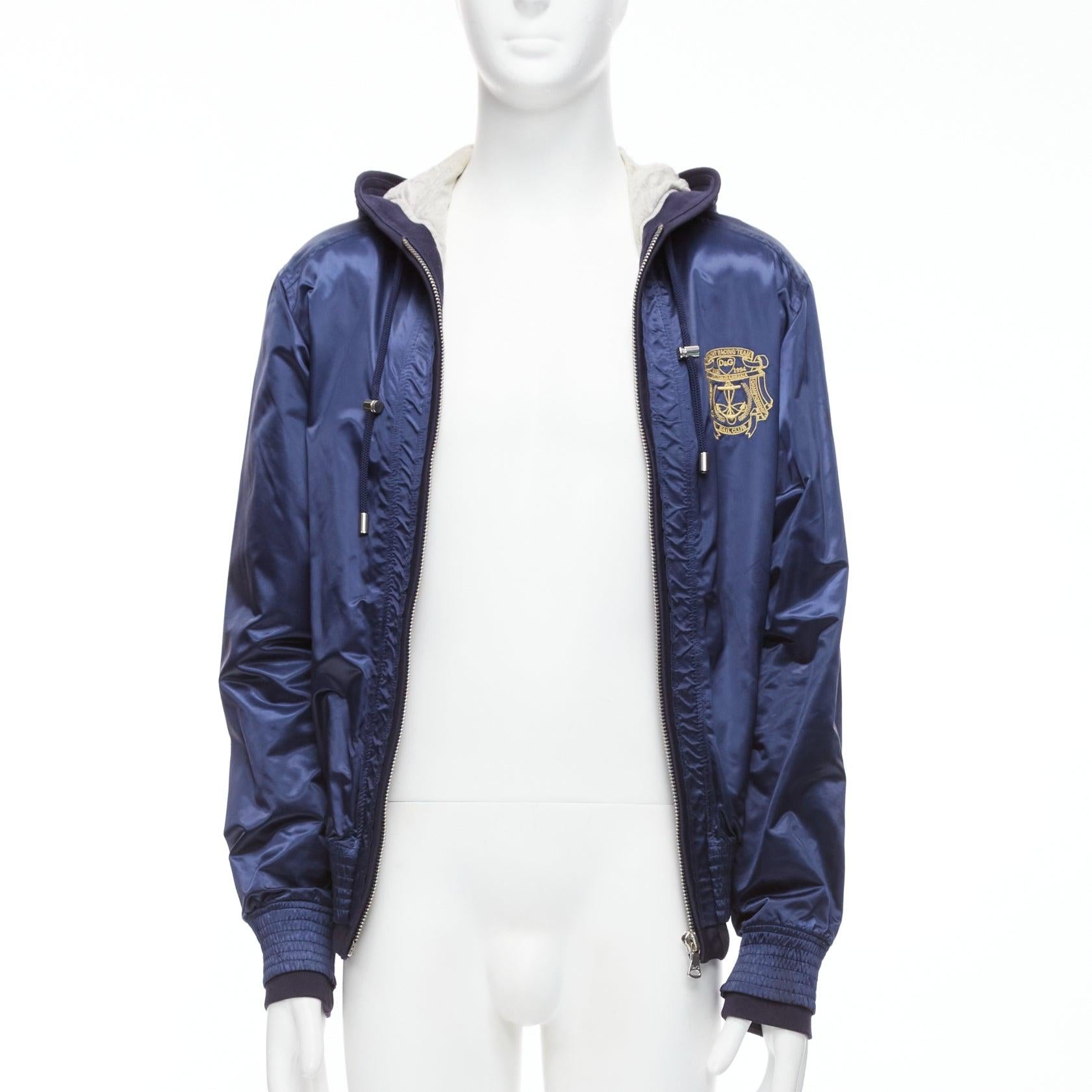 Purple D&G navy nylon grey cotton lined gold varsity logo hooded zip up  IT46 S For Sale