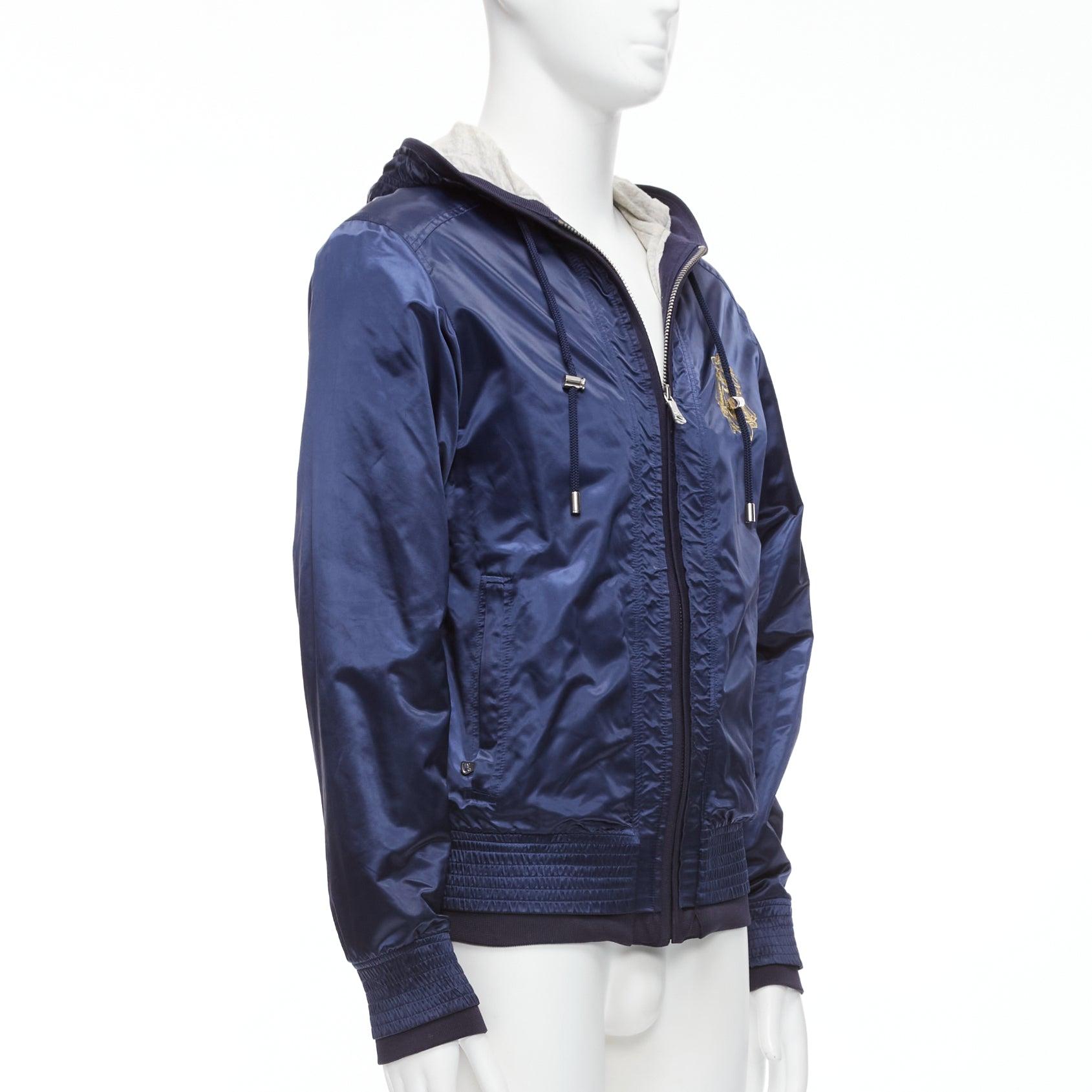 D&G navy nylon grey cotton lined gold varsity logo hooded zip up  IT46 S In Fair Condition For Sale In Hong Kong, NT