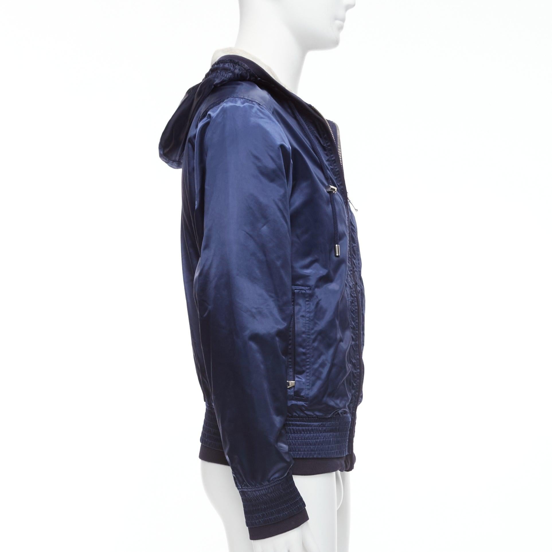 Men's D&G navy nylon grey cotton lined gold varsity logo hooded zip up  IT46 S For Sale