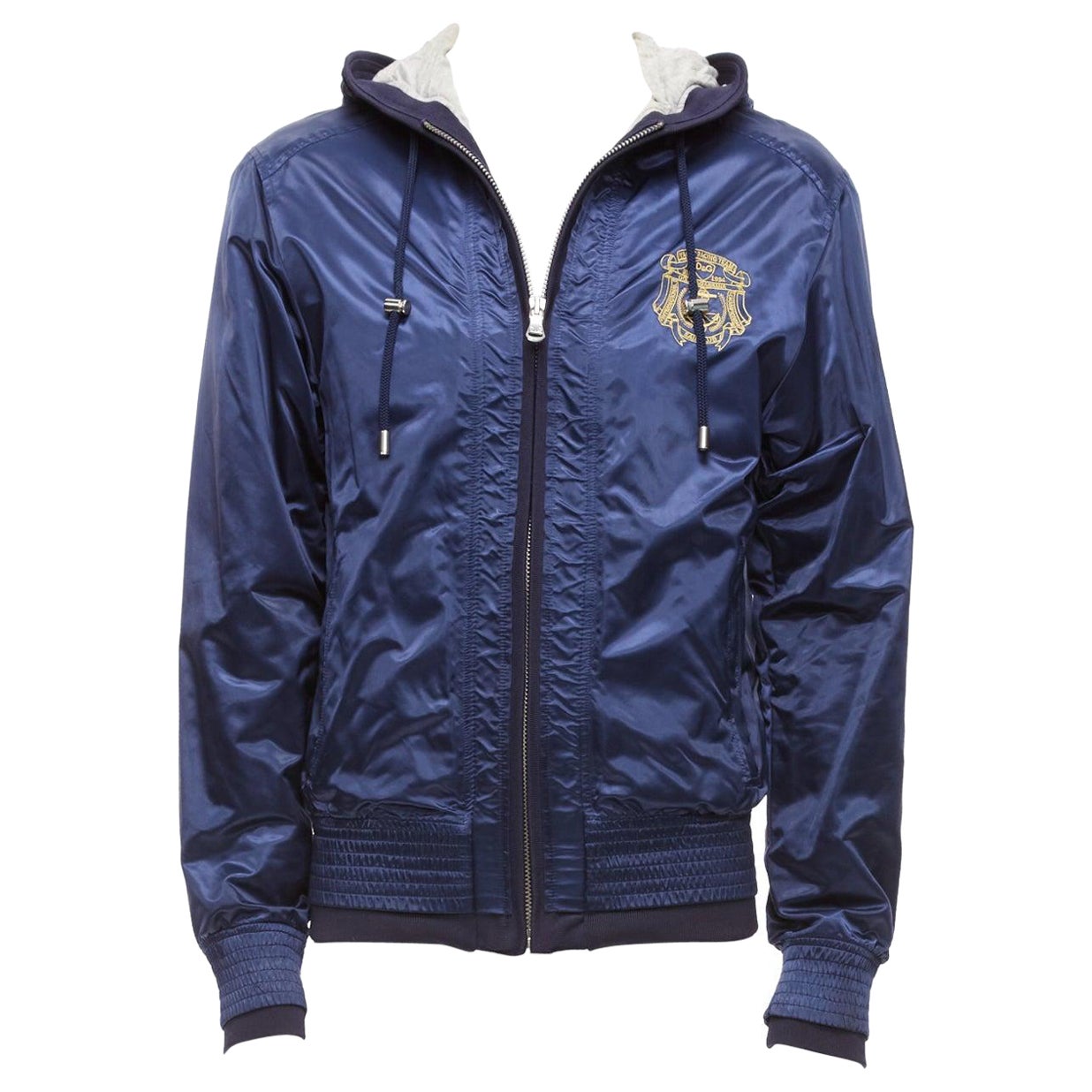 D&G azul marino nailon gris algodón forrado dorado logo varsity cremallera con capucha  IT46 S