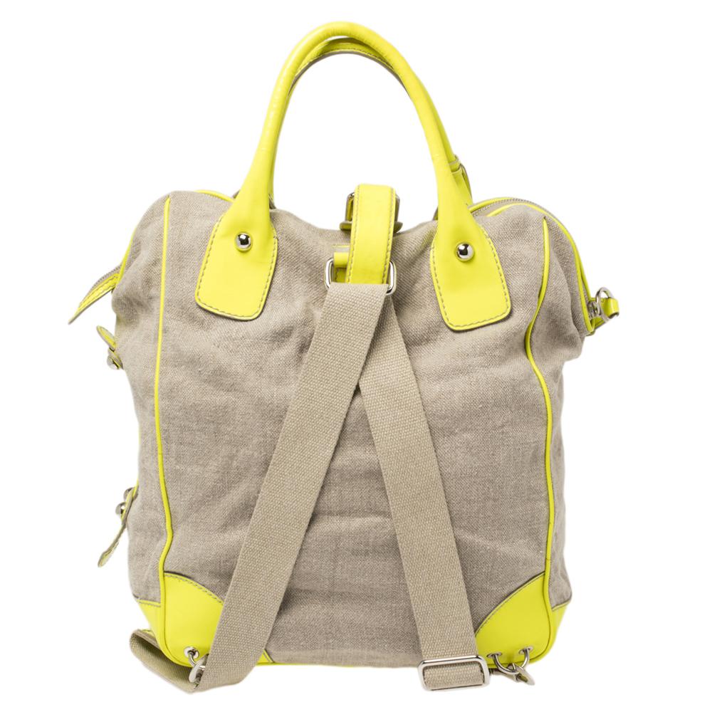 D&G Neon Green/Beige Canvas and Patent Leather Olivia Convertible Backpack In Good Condition In Dubai, Al Qouz 2