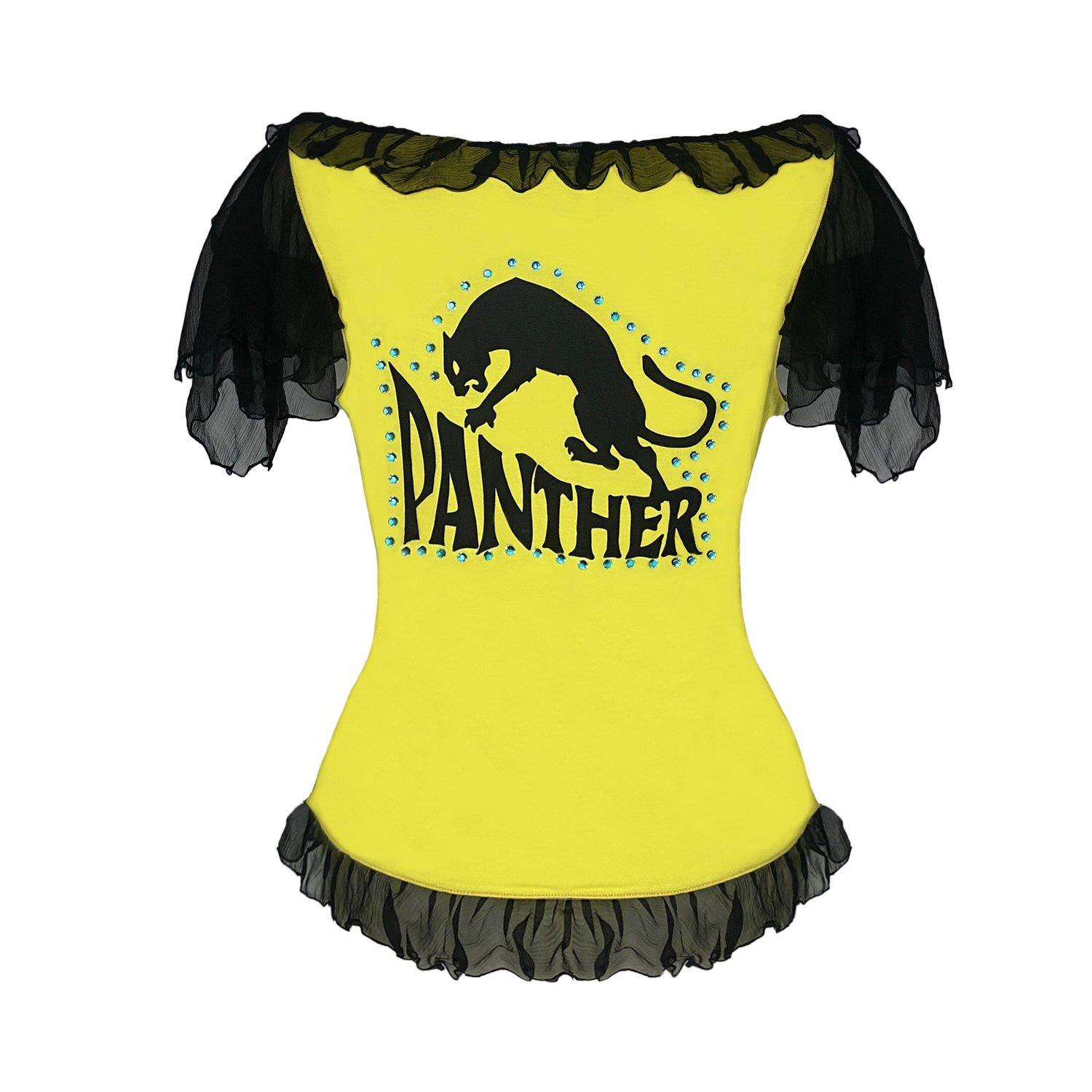 Iconic rare D&G 2000’s contrasting two-tone top with ruffle hem by Dolce & Gabbana. Completely sheer front and sleeves, and a yellow cotton tank to the back featuring a black panther graphic with a blue diamante rhinestone outline. Hidden zip on the