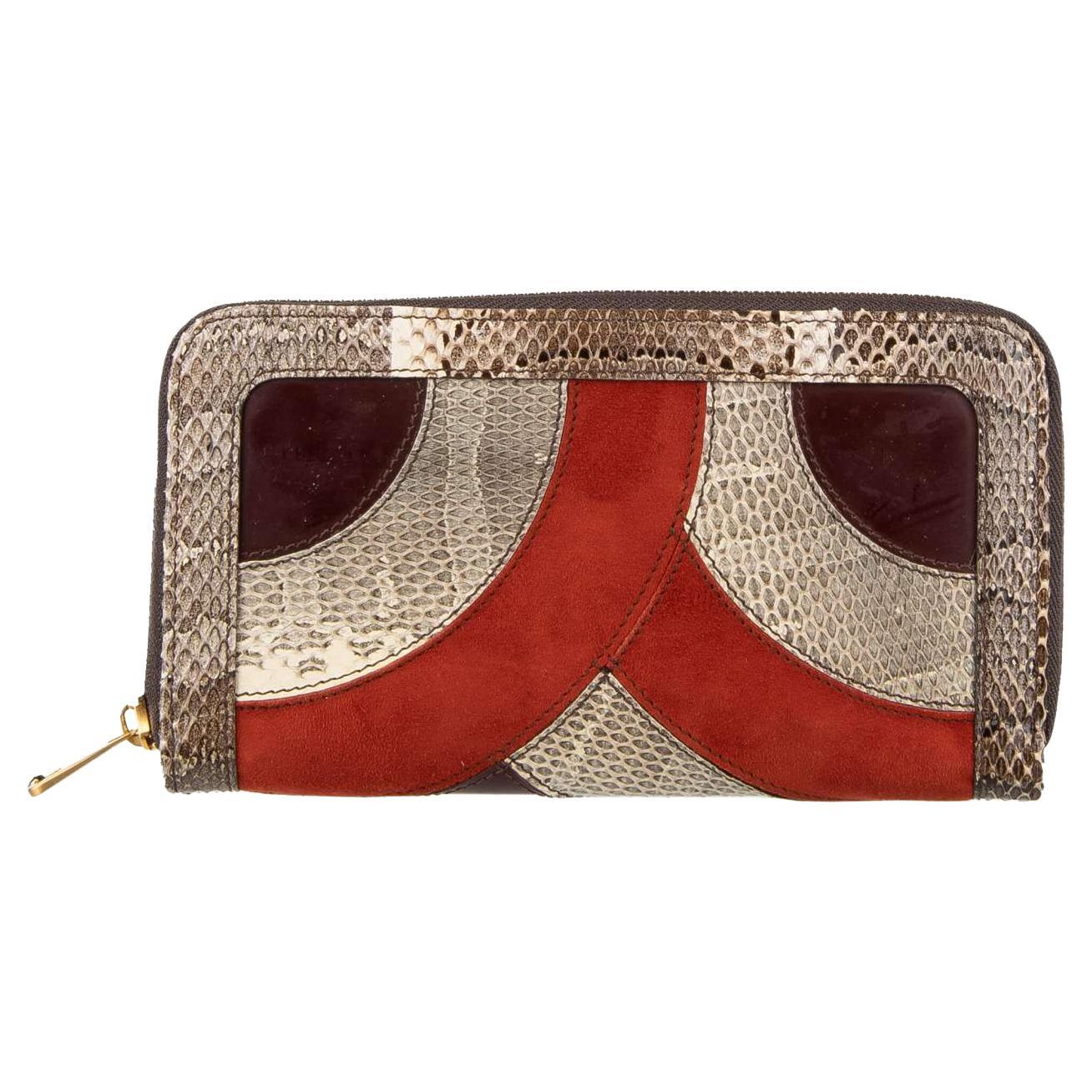 D&G Patchwork Snakeskin Suede Leather Zip-Around Wallet Beige Red Brown For Sale