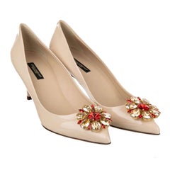 D&G Patent Leather Pumps BELLUCCI with Crystal Brooch Beige Red Gold EUR 35