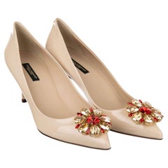 D&G Patent Leather Pumps BELLUCCI with Crystal Brooch Beige Red Gold EUR 38.5