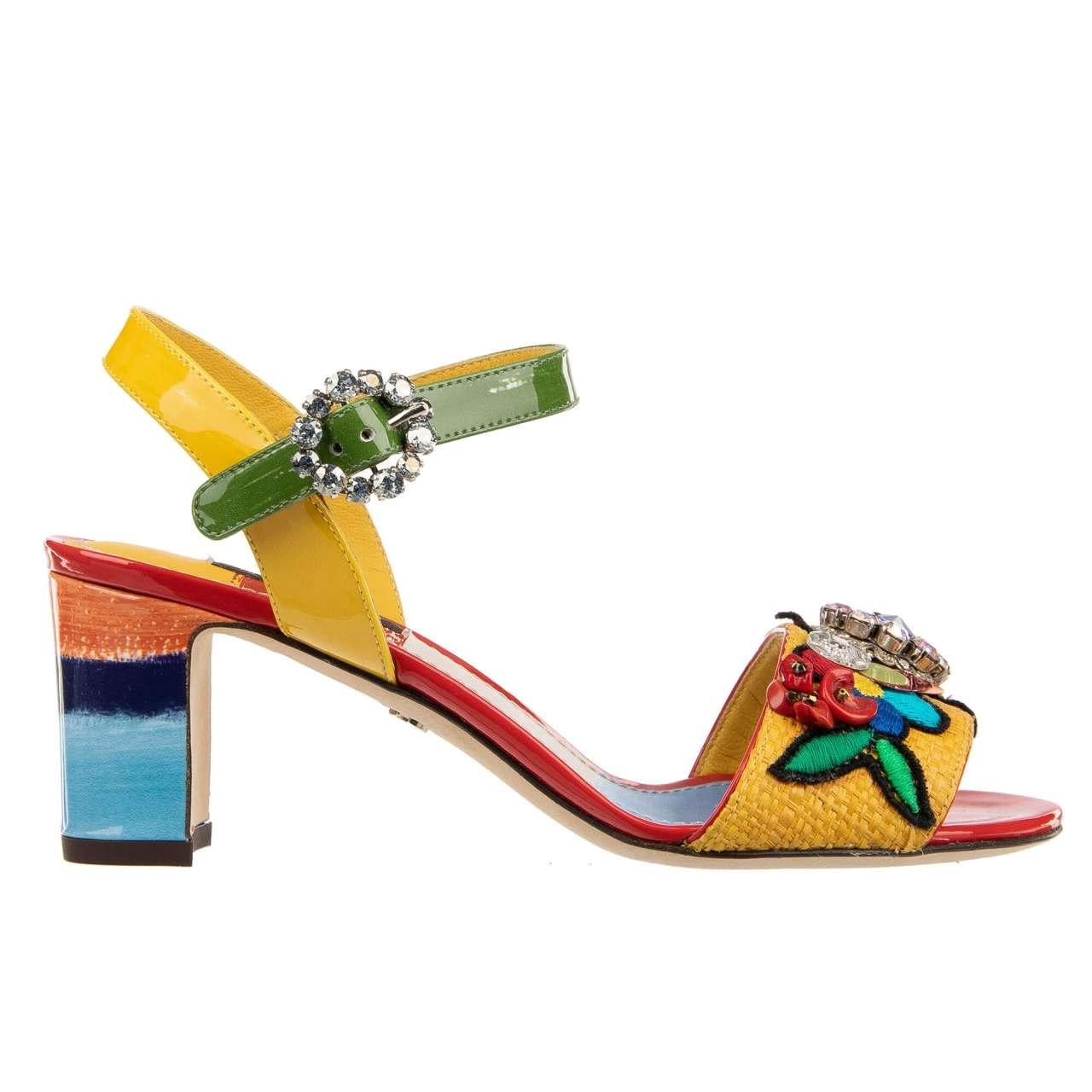 - Patent Leather Sandals KEIRA embellished with raffia, crystal brooch and embroidery in red, yellow, blue and green by DOLCE & GABBANA - MADE IN ITALY - RUNWAY - Dolce & Gabbana Fashion Show - New with Box - Model: CR0645-AU659-HHR41 - Material: