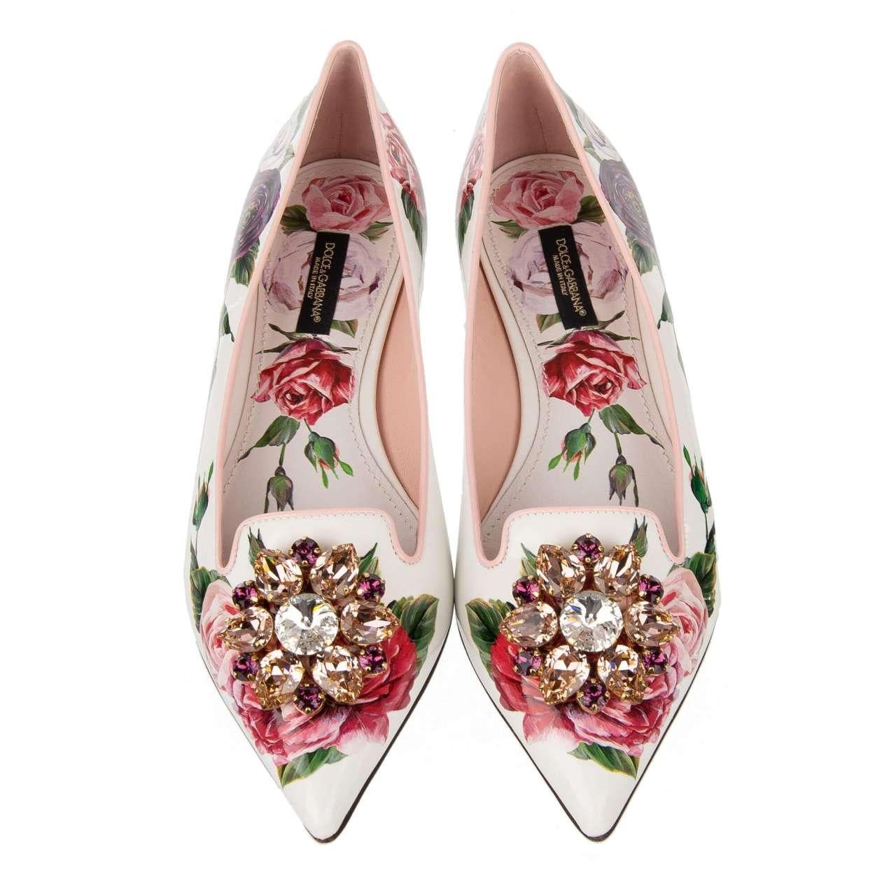 - Pointed Patent Leather Flats BELLUCCI in pink and white with roses print and crystal brooch by DOLCE & GABBANA - New with Box - MADE IN ITALY - Former RRP: EUR 695 - Roses Print - Crystal brooch - Model: CP0106-AU646-HAR40 - Material: 90%