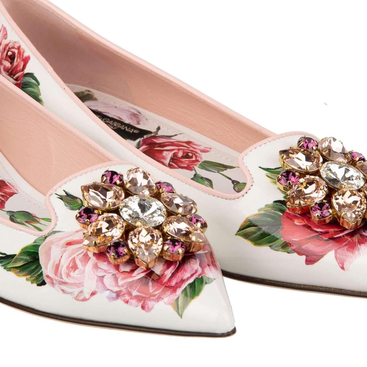 Women's D&G Patent Leather Rose Brooch Ballet Flats BELLUCCI White Pink EUR 35 For Sale