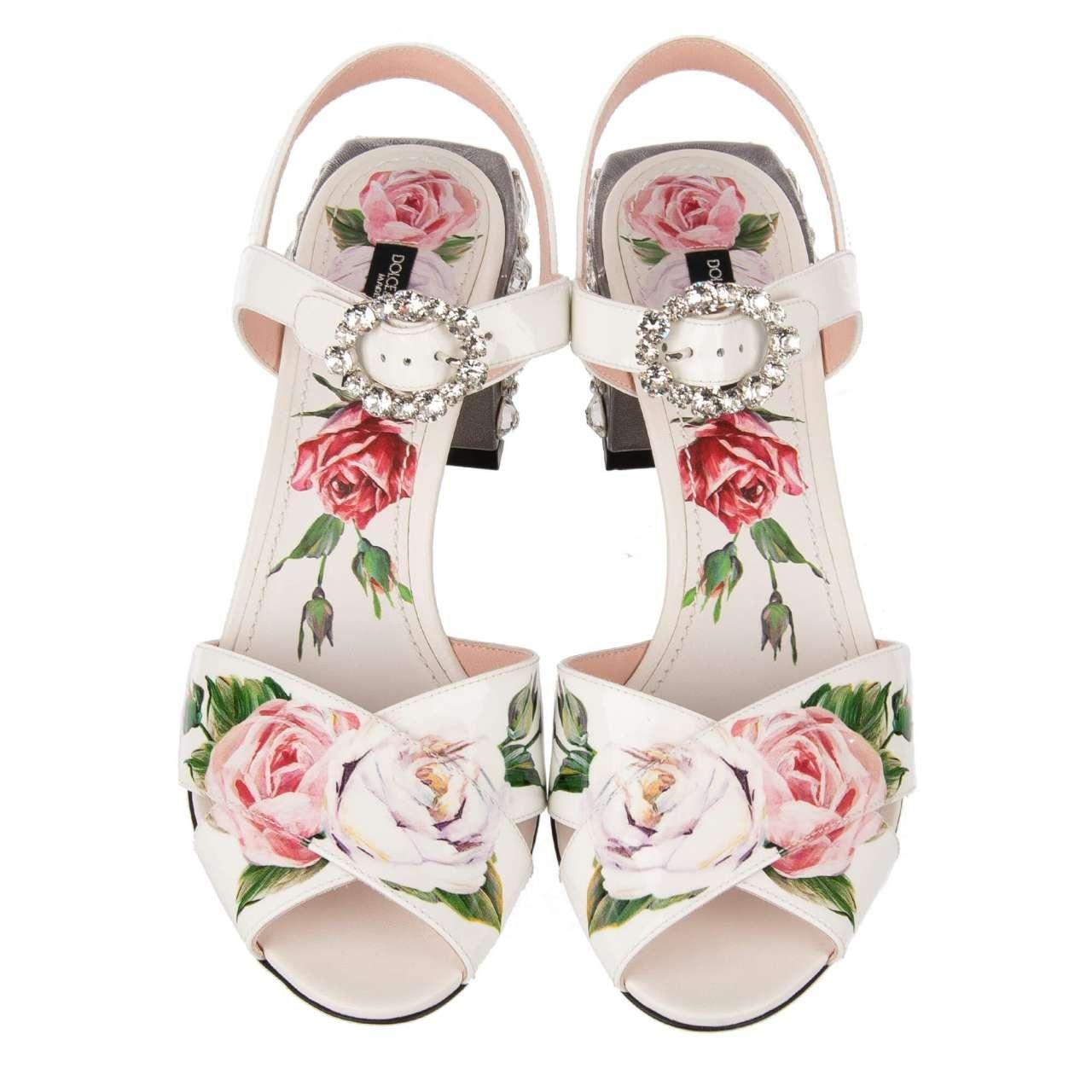 - Patent Leather Roses Sandals KEIRA with crystals embellished heel in white and silver by DOLCE & GABBANA - MADE IN ITALY - RUNWAY - Dolce & Gabbana Fashion Show - New with Box - Model: CR0605-AU930-HAR40 - Material: 100% Calfskin - Inside
