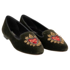 D&G Pearl Sacred Heart Embroidered Velvet Ballet Flats AUDREY Green Khaki 35.5