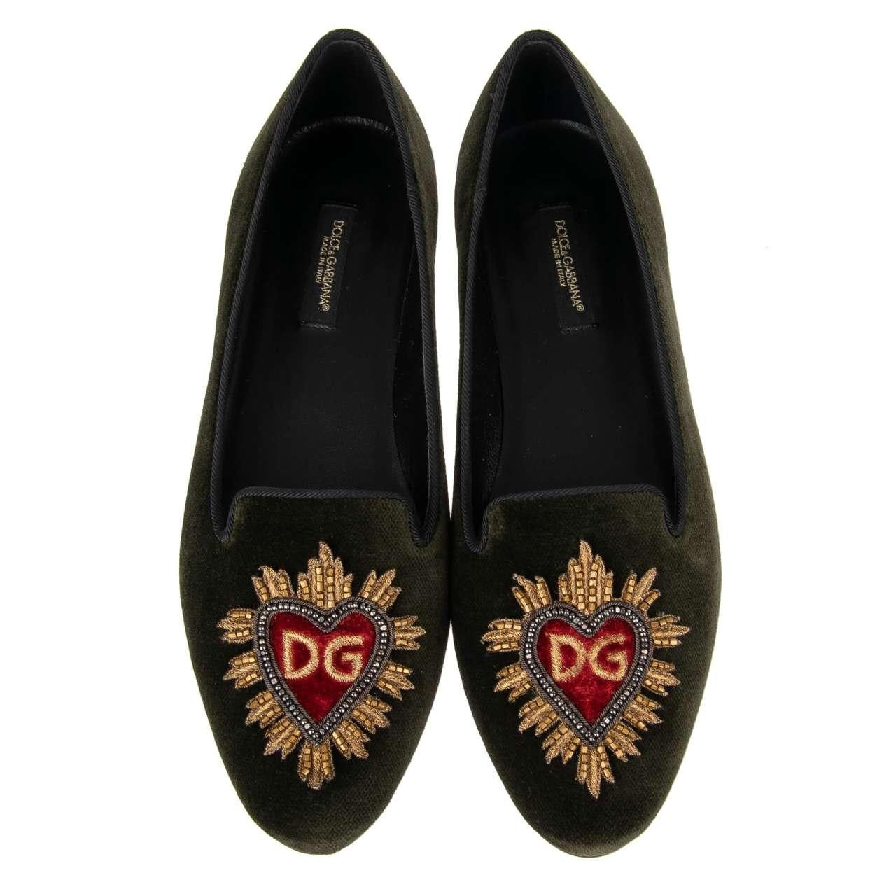 D&G Pearl Sacred Heart Embroidered Velvet Ballet Flats AUDREY Green Khaki 38.5 For Sale 3